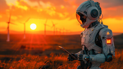 A reflective robot is captured in a poignant moment of observation near the powerful wind turbines during a deep sunset