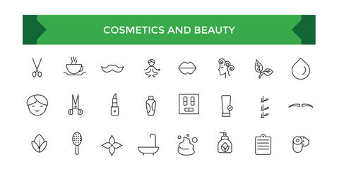 Cosmetics and beauty line icons collection. Big UI icon set in a flat design. Thin outline icons pack. Vector illustration