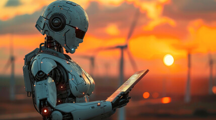 Dusk settling over a wind farm landscape while a futuristic robot engages with a tablet, showcasing a unique tech-meets-nature scene