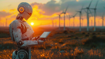 A robot peers into a tablet as the sun sets over a wind turbine farm in a vast open landscape