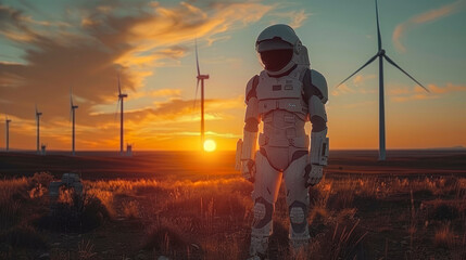 Fototapeta premium An astronaut stands contemplatively in a grassy field, against a backdrop of wind turbines and a vibrant sunset, invoking a sense of exploration and sustainability