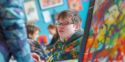 Teenager with Down syndrome participating in a group art therapy session. Learning Disability.