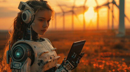 A futuristic robot in the likeness of a young woman examines a tablet amid wind turbines with a dramatic sunset