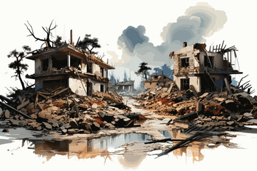 Empty apocalyptic city landscape Digital painting (3D Rendering) - obrazy, fototapety, plakaty