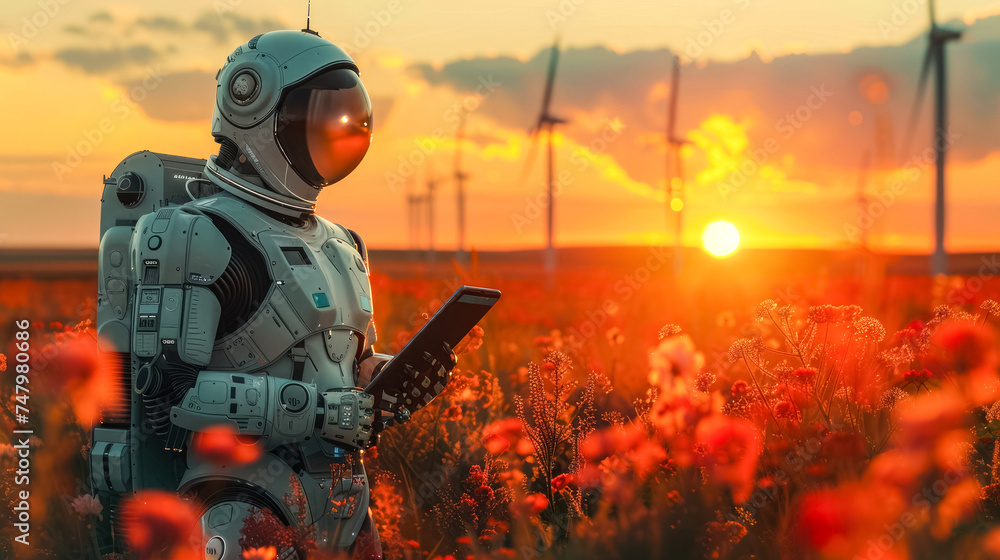 Poster under the setting sun, a futuristic robot with a visor interacts with a tablet surrounded by vibrant