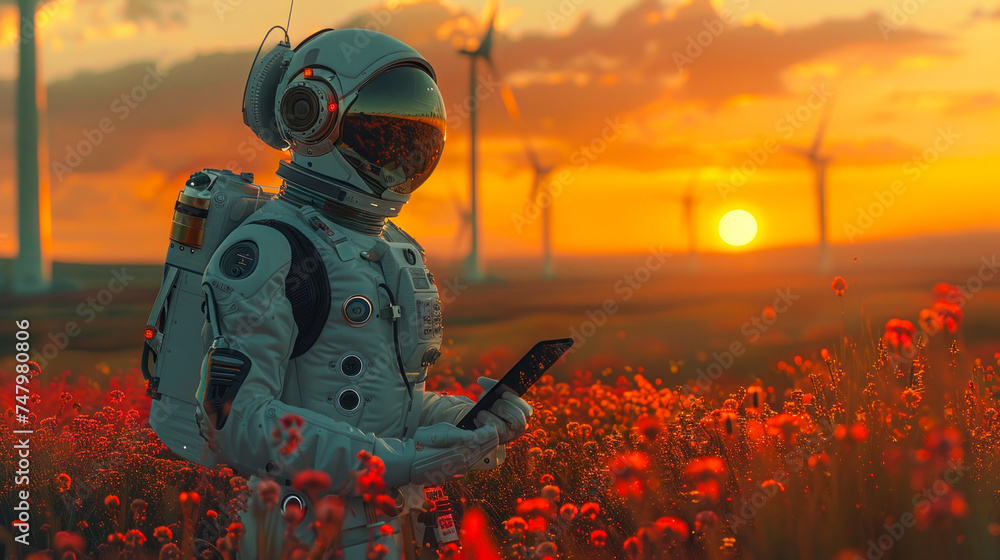 Poster a cosmonaut in a reflective spacesuit holds a tablet while gazing at the sunset in a vibrant red flo