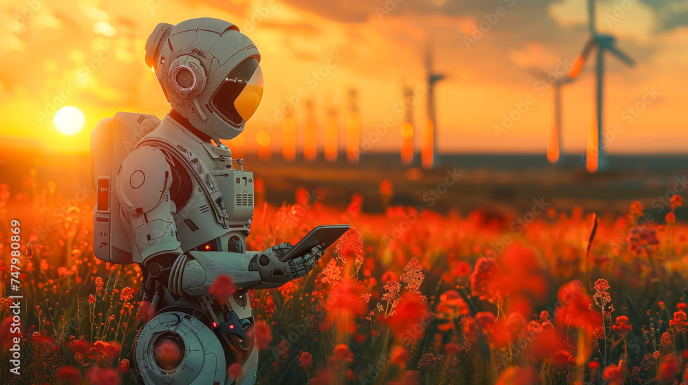 Poster a white robot examines a tablet while standing in a vibrant red flower field during golden hour with