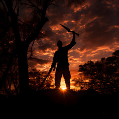 Showdown at Dusk: Silhouette of a Woodcutter Holding High His Glinting Axe Against a Fiery Sunset