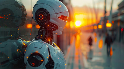 A robotic figure with a futuristic design stands among blurred city dwellers at sunset