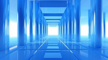 a blue corridor with columns