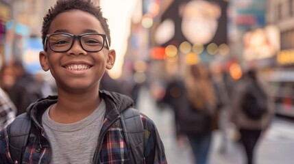 Fototapeta premium Smiling Youth in Glasses and Backpack, Celebrating Black History Month Generative AI