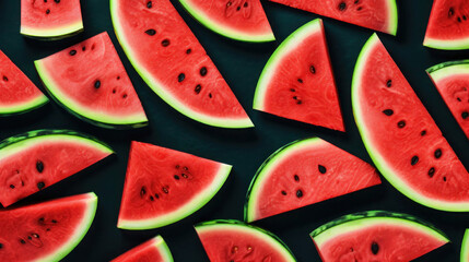 Background pattern with watermelons. Watermelon slices on a black background. Background with small watermelons.