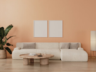 Two frames mock up in modern living room interior in peach fuzz color, 3d rendering