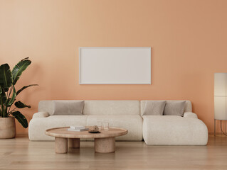 Horizontal frame mock up in modern living room interior in peach fuzz color, 3d rendering