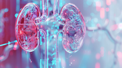 Light 3d futuristic glass model of human kidneys, nephrology healthcare concept. Scientific research. Generative AI