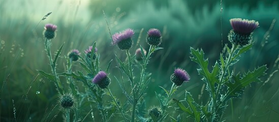 A painting depicting vibrant purple flowers of the Bull Thistle plant in a lush green field. The flowers stand out against the verdant backdrop, creating a striking contrast in colors.