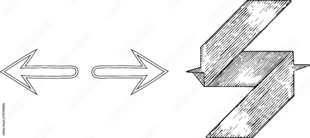 Poster arrows pointing left and right, object one line, single line art