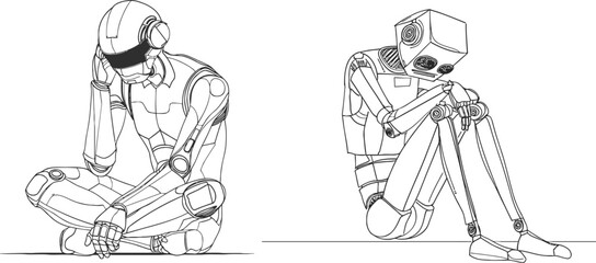 Continuous one line drawing robot cover his face, feeling sad and depression sitting on the floor