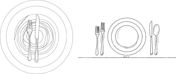 Continuous one line plate with cutlery - obrazy, fototapety, plakaty