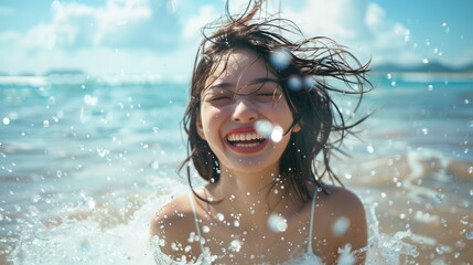 ビーチで水遊びをしてはしゃぐ日本人の若い女性 - obrazy, fototapety, plakaty
