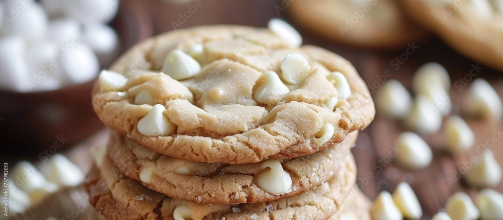 Poster a visually appealing display of a stack of white chocolate chip cookies topped with fluffy marshmall