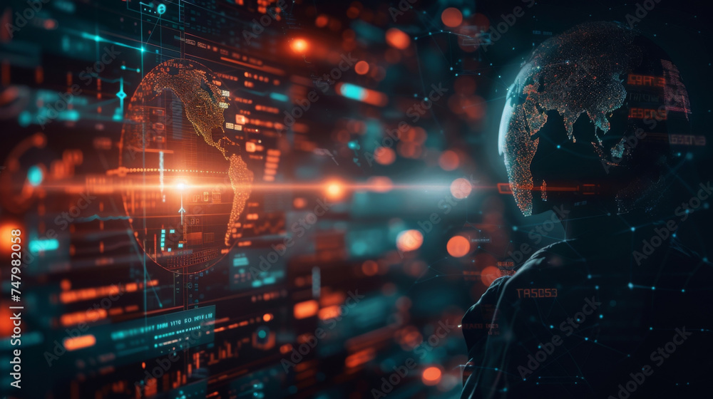 Poster a holographic representation of the globe rotates in space with different regions and countries high