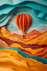 A hot air balloon travels through desert