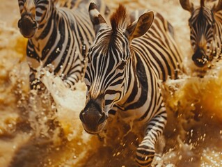 A small herd of zebras running in the water of the river