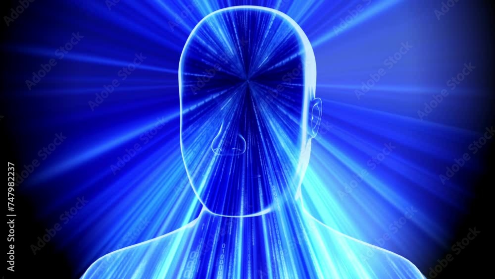 Poster geometrical man face and matrix style binary code - 3d 4k animation (3840 x 2160 px)