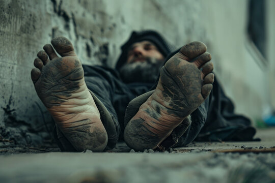 Anonymous derelict male with bare feet covered with black jacket lying on city street near concrete wall. Generative AI