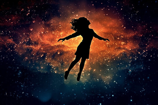 State of mind concept. Dark woman silhouette in black sky with stars background. Stargazing. Woman black silhouette in colorful cosmos background