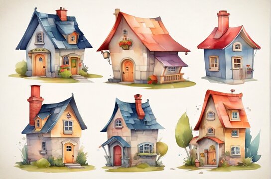 Watercolor set of fairy houses on pastel background. AI generated