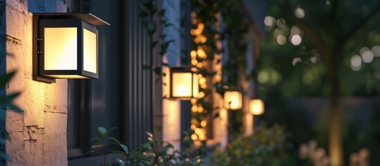A highly efficient solar motion sensor wall light is mounted on the side of a building, providing secure outdoor lighting when motion is detected. The light is activated by a solar-powered motion - obrazy, fototapety, plakaty