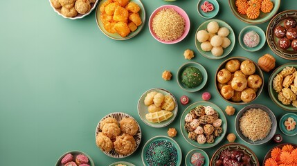 Bowls with different eastern sweets for Ramadan kept on a green surface with top view and a space for text or product, Generative AI. - obrazy, fototapety, plakaty