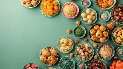Foto op Canvas Bowls with different eastern sweets for Ramadan kept on a green surface with top view and a space for text or product, Generative AI. © Grandpas