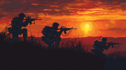 Silhouette of soldiers with rifle on a sunset