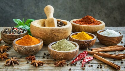 Wooden bowls with various spices on the wooden table