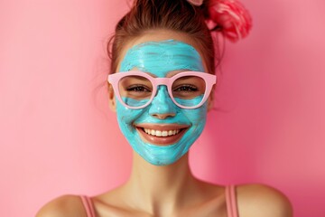 a woman with a blue face mask and pink glasses