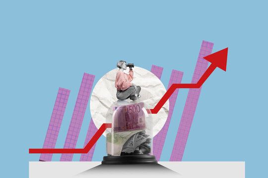 A business woman with binoculars sits on the protected money. Business analytics and strategic. Invest money safely concept.