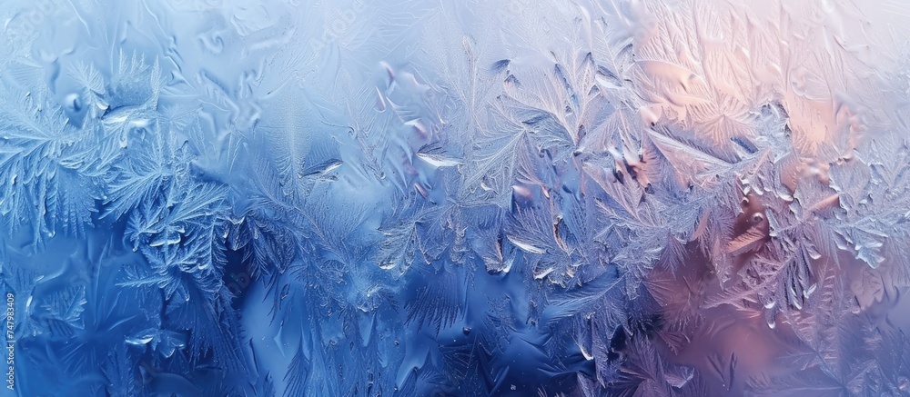 Poster a close-up view of a frosted glass window showing a stunning ice pattern formed on the glass, set ag