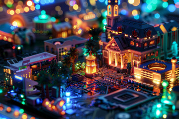 A mini city on a motherboard, the concept of the evolution of technology in a city