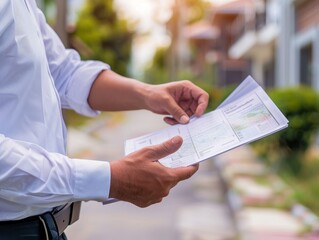 Real Estate Agent Highlighting Property Features - A real estate agent with brochures in hand, pointing to a space where key property features could be listed. 