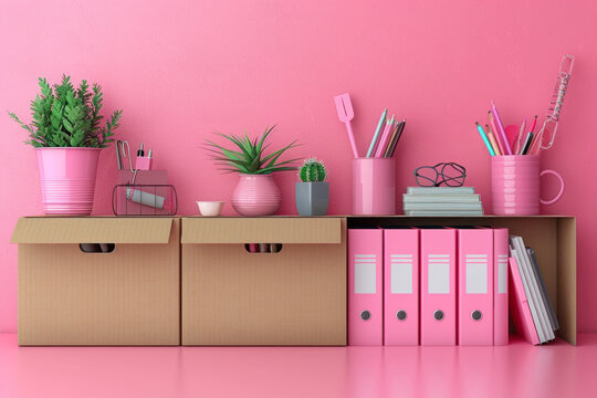 Cardboard box with office supplies on pink background. Concept of fired and dismissed. 3D rendering. Generative AI