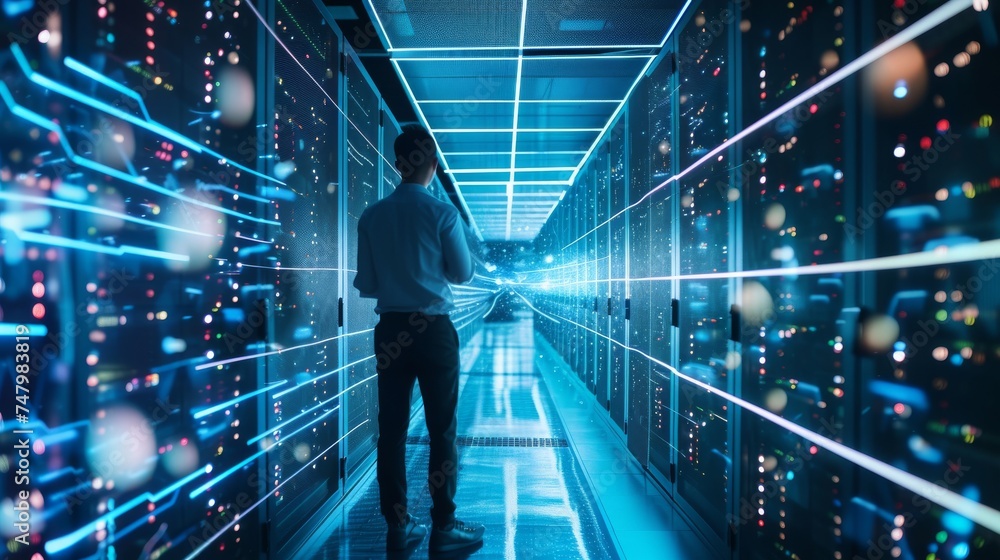Poster capture the essence of a modern data engineer at work in an urban data center.