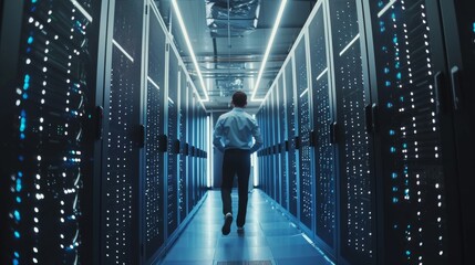 Capture the essence of a modern Data Engineer at work in an urban data center.