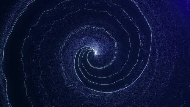 Circular motion blue abstract vortex made from glowing particles in space. Spinning particles lights in concentric circular moves with glow effect and depth of field blur. 4k 60 fps animation.
