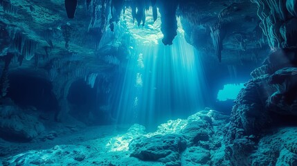 Cave diving into unexplored underwater systems.