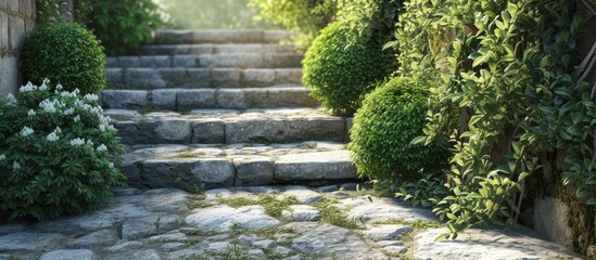 A set of stone steps leads up to a vibrant, green garden filled with various plants and flowers. The steps are well-worn and add a timeless charm to the scene.
