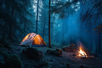 A yellow tent in a coniferous forest and a brightly burning fire. Concept of tourism, vacation, travel, hiking - obrazy, fototapety, plakaty