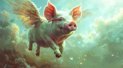  A whimsical pig adorned with wings aloft in a clear sky - obrazy, fototapety, plakaty